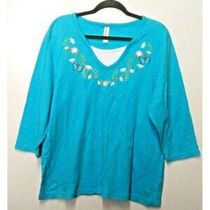 Womens TOP blue embroidered size 3XL knit STRETCH Decorated Originals pullover